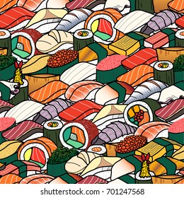 Plenty of colorful sushi and roll. Cute Japanese food illustration hand drawn style. Seamless pattern.