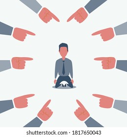 Plenty of crop hands fingers pointing at young man feeling guilty and being introvert. Man character on the knees.Vector flat cartoon illustration
