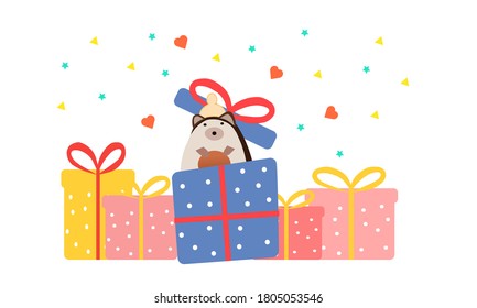 Plenty of gifts and an open gift with a soft toy, vector graphics
