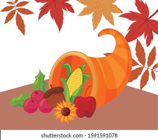 Plenty horn and leaves of thanksgiving day design, Autumn season holiday greeting and traditional theme Vector illustration