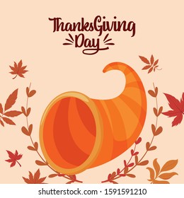 Plenty horn and leaves of thanksgiving day design, Autumn season holiday greeting and traditional theme Vector illustration