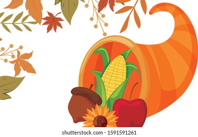 Plenty horn and leaves of thanksgiving day design, Autumn season holiday greeting and traditional theme Vector illustration