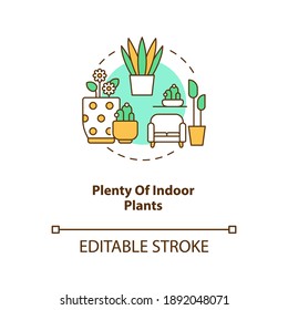 Plenty of indoor plants concept icon. Apartment gardening. Floral room. Comfortable interior. Biophilia idea thin line illustration. Vector isolated outline RGB color drawing. Editable stroke