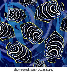 Plenty of juvenile emperor angelfishes in the blue ocean with beautiful background
