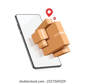 Plenty of parcel boxes or cardboard boxes and location pins to deliver products to customers. All floating on smartphone screen, vector 3d isolated for e commerce, delivery, online shopping concept