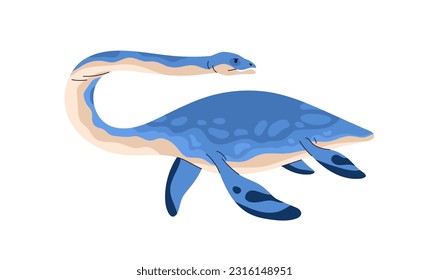 Plesiosaur, ancient water animal. Aquatic dinosaur, marine reptile swimming. Extinct underwater dino with fins and long neck, Jurassic period. Flat vector illustration isolated on white background