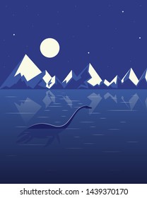 Plesiosaur in the lake among the rocks at night. Fantastic image. Poster. Vector
