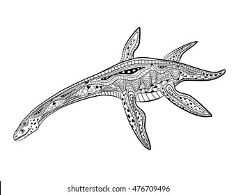 Plesiosaur - prehistoric reptile monster. Antistress Coloring Book for adults.