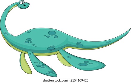 Plesiosaurs Dinosaur Cartoon Character. Vector Hand Drawn Illustration Isolated On White Background