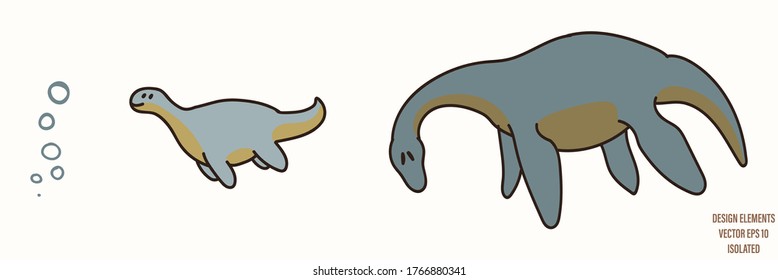 Plesiosaurus dinosaur gender neutral baby illustration clipart. Simple whimsical minimal earthy 2 tone color. Kids nursery room decor print or cartoon animal line art sticker.