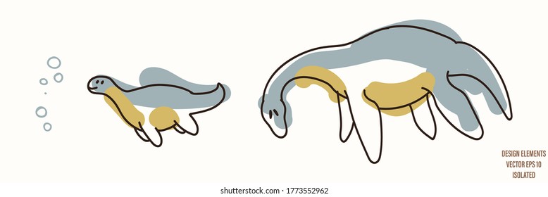 Plesiosaurus dinosaur gender neutral baby illustration clipart. Simple whimsical minimal earthy 2 tone color. Kids nursery room decor print or cartoon animal line art sticker.