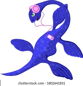 Plesiosaurus with headphones listening to music. An aquatic dinosaur with a long neck. Cartoon illustration.