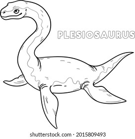 Plesiosaurus text. Ancient marine creature. Isolated vector outline for coloring book