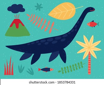 Plesiosaurus and various details of the dinosaur world. Volcano, palmtree, footprints, fish.