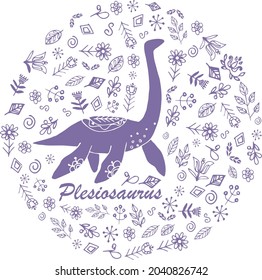 Plesiosaurus vector handdrawn illustration. Dinosaur flower leaves circle pattern. Folk scandinavian art