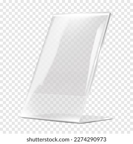 Plexi stand vector mockup. Clear acrylic table information display on transparent background. Plastic L-shaped poster holder realistic mock-up. Template for design