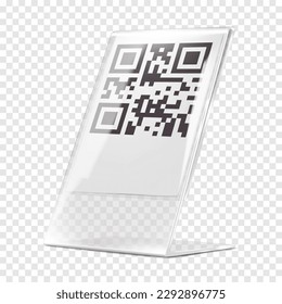 Plexi stand vector mock-up. Transparent L-shaped QR code holder mockup. Clear acrylic desk counter information display template