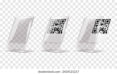 Plexi stand vector mock-up. Transparent L-shaped QR code holder mockup. Clear acrylic countertop information display template