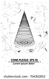 Plexus. Abstract background. illusion with cybernetic particles. Lines and dots forming a mesh. Technology, science, computer networks, internet, social media. Vector eps10. Geometric element cone