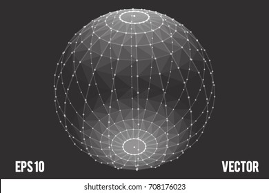 Plexus ball consists of dots. Geometrical futuristic abstract grey background with text. Vector illustration
