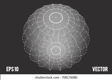 Plexus ball consists of dots. Geometrical futuristic abstract grey background with text. Vector illustration