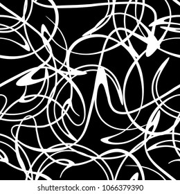 Plexus black and white background. Abstract seamless pattern with curved rounded lines. 