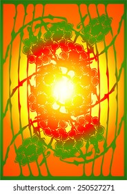 Plexus branches of bushes with berries on a background of sunrise. 