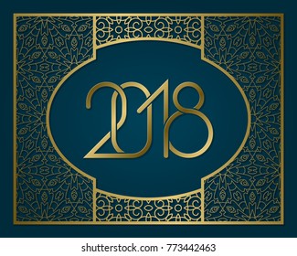 Plexus of golden numbers 2018 in ornate frame. New Year greeting card design.
