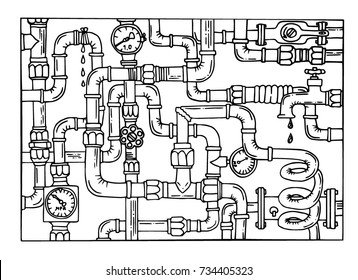 Plexus Of The Hydraulic Tube. Hydro Pattern. Sketch Doodle Vector Illustration. Black And White Background. Water Supply Networks.