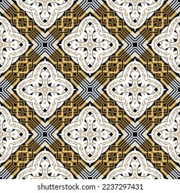 Plexus ornamental beautiful seamless pattern. Celtic style modern waffle background. Repeat ornate patterned backdrop. Floral ornament with vintage golden flowers, cross, knots, rhombus, shapes, lines