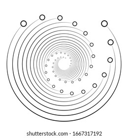 Plexus, wire-frame radial circles with nodes. Geometric spiral for technology, block chain, circuit-like themes.Cycle rings design. Swirl, twirl, vortex concentric lines.Molecule, circuit illustration