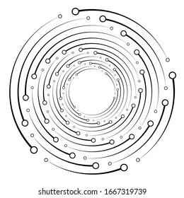 Plexus, wire-frame radial circles with nodes. Geometric spiral for technology, block chain, circuit-like themes.Cycle rings design. Swirl, twirl, vortex concentric lines.Molecule, circuit illustration