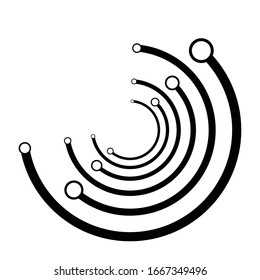 Plexus, wire-frame radial circles with nodes. Geometric spiral for technology, block chain, circuit-like themes.Cycle rings design. Swirl, twirl, vortex concentric lines.Molecule, circuit illustration