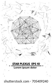 Plexus.Abstract background. illusion with cybernetic particles. Lines and dots forming a mesh.Technology, science, computer networks, internet, social media.Vector eps10. Geometric element hendra star