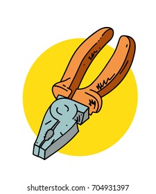 Pliers cartoon hand drawn image. Original colorful artwork, comic childish style drawing.