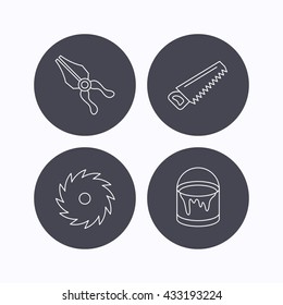 Pliers, circular saw and bucket of paint icons. Saw linear signs. Flat icons in circle buttons on white background. Vector