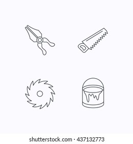 Pliers, circular saw and bucket of paint icons. Saw linear signs. Flat linear icons on white background. Vector