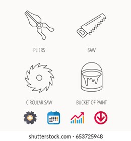 Pliers, circular saw and bucket of paint icons. Saw linear signs. Calendar, Graph chart and Cogwheel signs. Download colored web icon. Vector