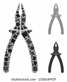 Pliers composition of abrupt elements in variable sizes and shades, based on pliers icon. Vector inequal elements are organized into collage. Pliers icons collage with dotted pattern.