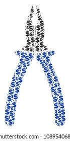 Pliers composition of dollar symbols and spheric dots. Vector dollar currency icons are united into pliers mosaic.