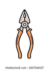 Pliers doodle icon isolate on a white background. Tongs construction cartoon style illustration.