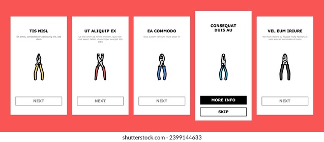 pliers equipment tool repair work onboarding mobile vector. industry metal, handle construction, wire steel industrial clamp instrument workshop pliers equipment tool repair work illustrations