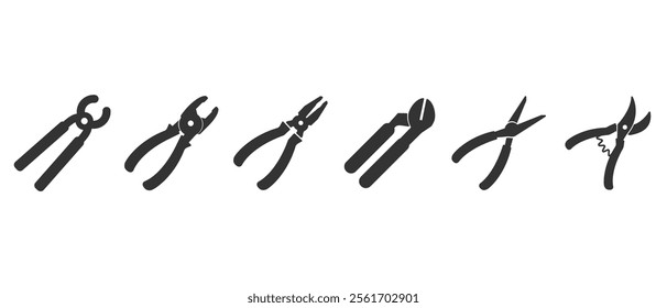 Pliers flat icon set. Carpentry and workshop equipment icons. Work tools. Collection of repair and construction tools in flat style vector illustration on transparent background.