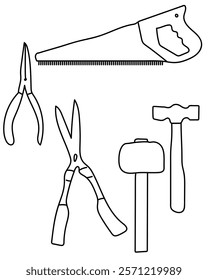 Pliers, Hammer., Saw Blade in a construction vector set include a saw, ideal for cutting wood, metal, a drill, which creates holes in various materials. clean, modern vector style.