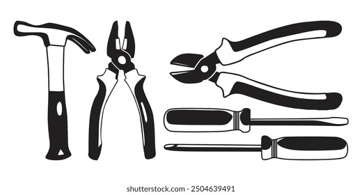 pliers, hammer and screwdriver black and white vector, line art, unchangeable outline