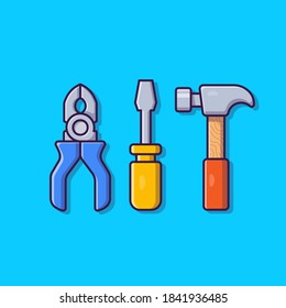 Pliers, Hammer And Screwdriver Cartoon Vector Icon Illustration. Tools Object Icon Concept Isolated Premium Vector. Flat Cartoon Style