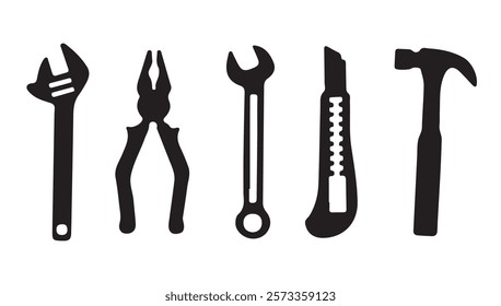 Pliers, hammer, screwdriver, wrench hardware icon silhouette