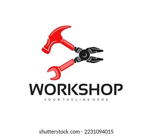 Pliers, hammer, wrench, workshop and auto repair shop, logo design. Repair, repairing, tools and mechanical, vector design and illustration