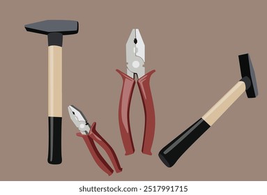 Pliers and hammers on brown background.