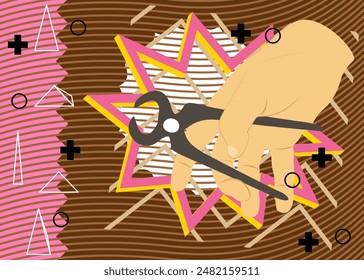 Pliers in hand geometrical graphic retro theme background. Minimal geometric elements. Vintage abstract shapes vector illustration.